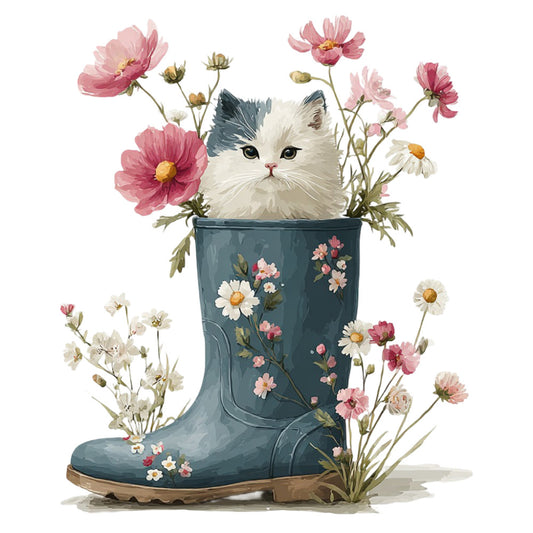 white cat, pink cosmos, daisy flowers, blue rain boot, floral design, nature theme, whimsical style, cat lover, animal motif, cottage core, garden flowers, spring colors, dusty blue, coral pink, cream white, botanical print, vintage inspired, farmhouse style, decorative boot, flower arrangement, nature lover, charming design, illustration style, delicate florals, sweet aesthetic, playful theme, children's fabric, nursery decor, wall art, home decor