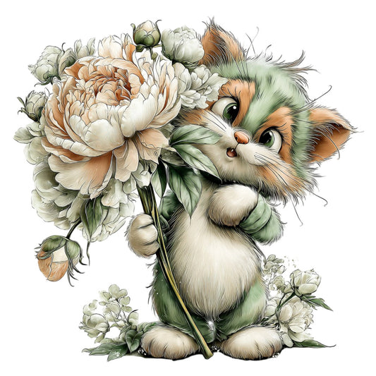 cute cat, fluffy kitten, orange tabby, calico cat, green foliage, cream white, soft peach, dusty sage green, botanical, floral, peonies, roses, garden flowers, whimsical, sweet, adorable, nature lover, cat lover, spring, summer, animal themed, cottage core, farmhouse, gentle, delicate, illustration style, watercolor effect, children's fabric, nursery, baby quilt