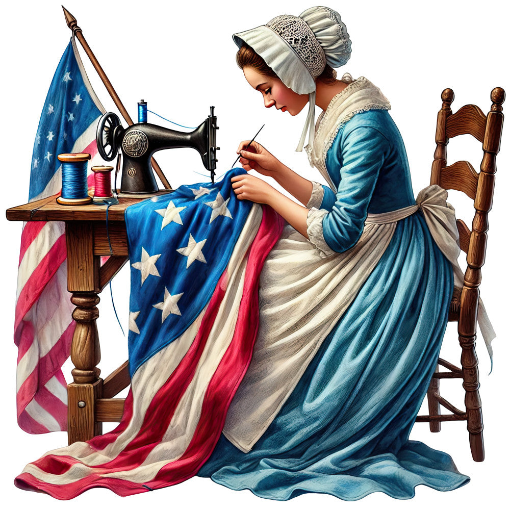 colonial woman, sewing machine, american flag, patriotic, blue dress, white bonnet, hand stitching, historical scene, red white blue, stars and stripes, vintage sewing, wooden chair, fabric panel, quilting cotton, colonial era, seamstress, antique sewing machine, period costume, americana, revolutionary war