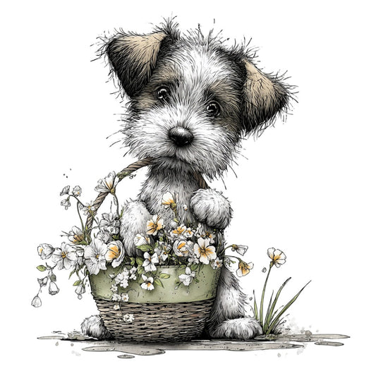dog, terrier, puppy, flowers, daisies, floral, potted flowers, basket, animals, nature, whimsical, cute, charming, children's, baby, illustration, botanical, spring, cream, white, black, sage green, tan, taupe, ink drawing, vintage style, storybook, playful, gentle, decorative
