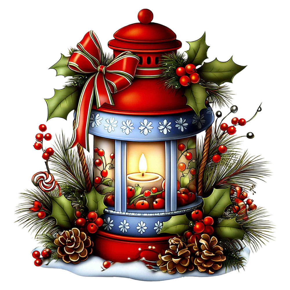 red lantern, christmas holiday, festive, holly leaves, red berries, pinecones, winter, evergreen, red and blue, cream, gold accents, traditional, elegant, decorative candle, snowflakes, ribbon bow, nature-inspired, seasonal, vintage style, rustic charm, warm tones, home décor, wall hanging, christmas quilt, holiday panel, whimsical, classic christmas, red white and blue, winter berries, metallic gold