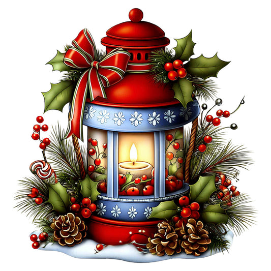 red lantern, christmas holiday, festive, holly leaves, red berries, pinecones, winter, evergreen, red and blue, cream, gold accents, traditional, elegant, decorative candle, snowflakes, ribbon bow, nature-inspired, seasonal, vintage style, rustic charm, warm tones, home décor, wall hanging, christmas quilt, holiday panel, whimsical, classic christmas, red white and blue, winter berries, metallic gold