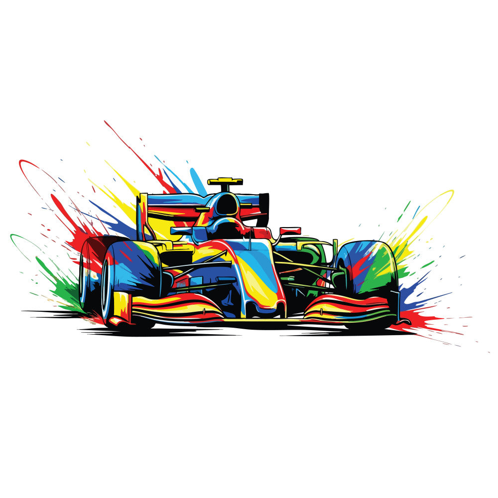 rainbow colors, splash art, formula one car, racing car, red, blue, yellow, green, paint splashes, dynamic motion, speed lines, colorful streaks, modern art style, fabric panel, quilting cotton, vibrant colors, artistic design, motorsport theme, energetic mood, contemporary style