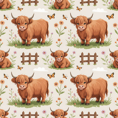 Cartoon Highland Cows Pattern 8 Quilting Cotton Fabric