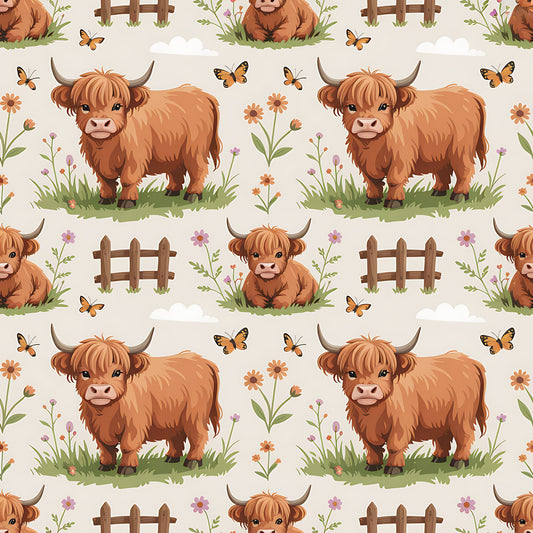 Cartoon Highland Cows Pattern 8 Quilting Cotton Fabric