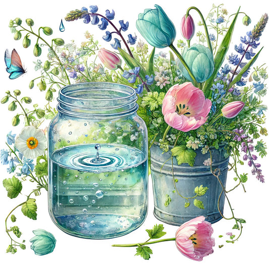 floral, botanical, spring, nature, garden, turquoise, teal, pink, coral pink, dusty rose, lavender, purple, blue, green, cream, white, tulips, lupines, daisies, wildflowers, butterflies, water droplets, mason jar, metal bucket, delicate, whimsical, vintage, cottage garden, romantic, elegant