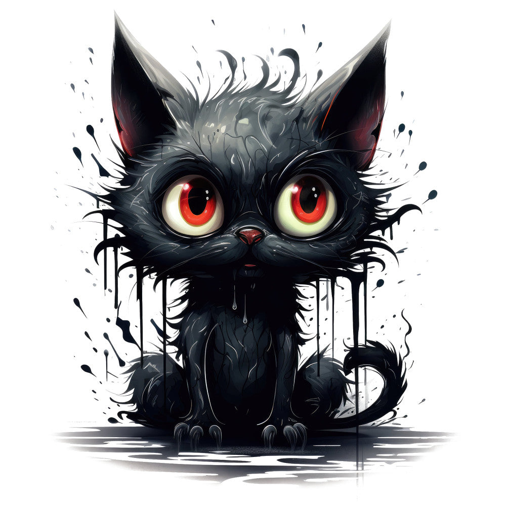 black cat, red eyes, gothic, dark art, spooky, horror, supernatural, cats, animals, mystical, dark fantasy, contemporary art, abstract splatter, ink drips, dramatic, edgy, alternative, indie, goth aesthetic, halloween, eerie, mysterious, dramatic eyes, digital art style, modern, whimsical dark, watercolor effect, expressionist, avant-garde, artistic