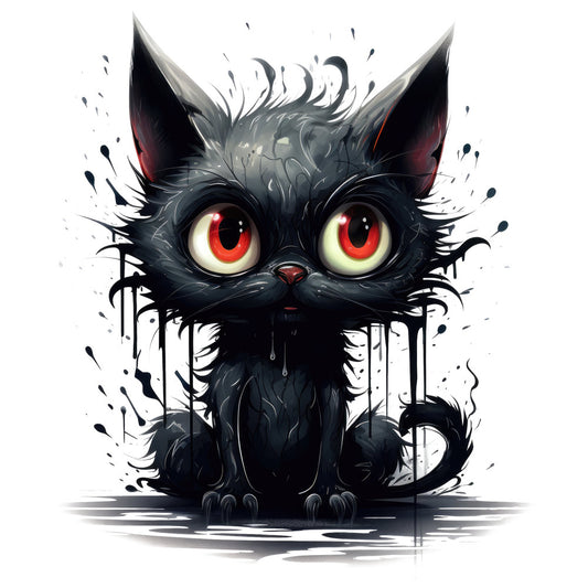 black cat, red eyes, gothic, dark art, spooky, horror, supernatural, cats, animals, mystical, dark fantasy, contemporary art, abstract splatter, ink drips, dramatic, edgy, alternative, indie, goth aesthetic, halloween, eerie, mysterious, dramatic eyes, digital art style, modern, whimsical dark, watercolor effect, expressionist, avant-garde, artistic