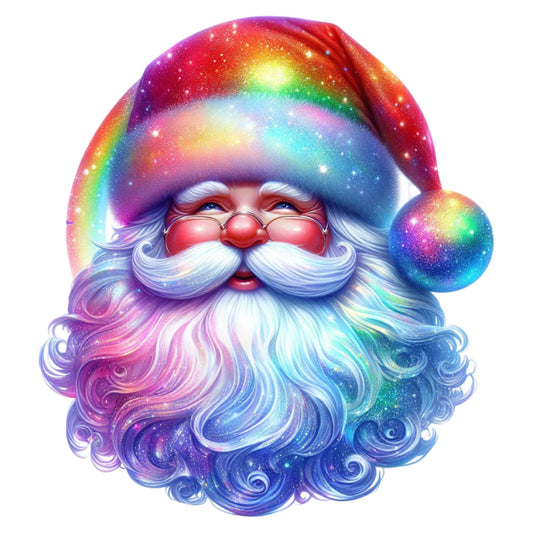 rainbow santa, holographic santa, galaxy santa, cosmic santa, iridescent santa, multicolor santa, festive christmas, holiday magic, whimsical santa, celestial christmas, sparkly santa, glitter santa, vibrant rainbow, red nose santa, white beard, purple blue gradient, pink magenta, cyan turquoise, yellow gold, jolly christmas, winter holiday, santa claus face, christmas panel, decorative christmas, novelty print, festive theme, magical holiday, colorful christmas, dimensional santa, shimmering fabric