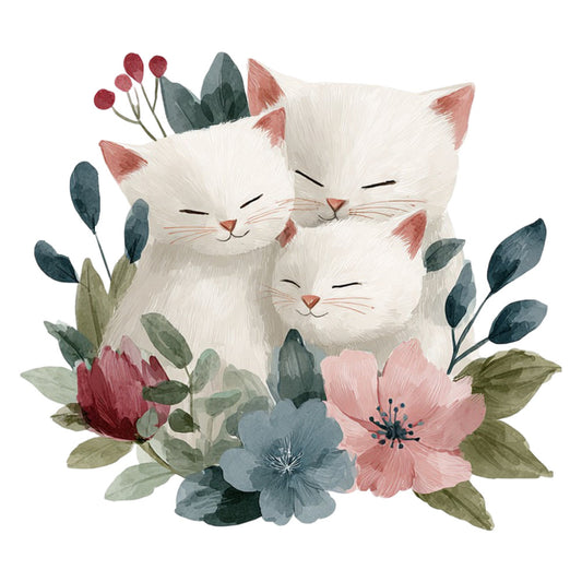 white cats, cat faces, floral, botanical, flowers, nature, animals, whimsical, cute, gentle, soft, dusty rose, blush pink, sage green, teal blue, forest green, burgundy red, watercolor, painted, illustration style, spring, feminine, sweet, garden flowers, peonies, wildflowers, relaxing, peaceful, decorative panel, home decor