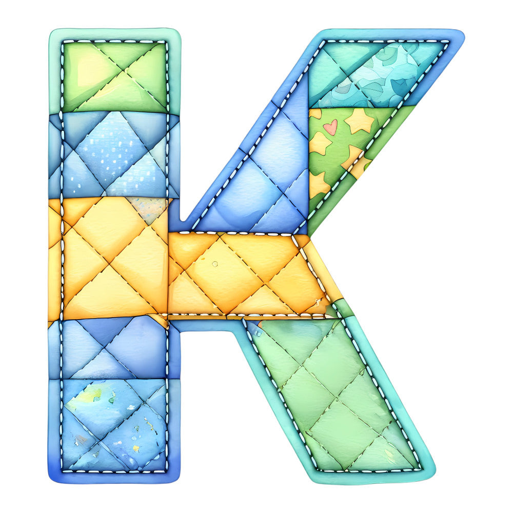 letter k, quilted, patchwork, yellow, blue, green, mint green, sky blue, golden yellow, turquoise, pastel colors, geometric, quilted blocks, diamond pattern, stitched, whimsical, playful, celestial, stars, hearts, children's, baby, nursery, bedding, wall hanging, throw quilt, colorful, bright, cheerful, soft