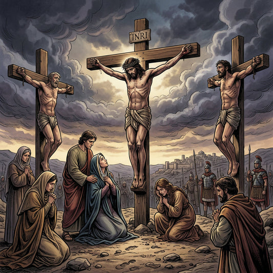 religious, crucifixion, jesus christ, christian, spiritual, faith, biblical, easter, resurrection, crosses, historical, dramatic, landscape, dark clouds, beige, tan, cream, gold, bronze, gray, charcoal, muted tones, traditional, reverent, solemn, inspirational, nativity, religious imagery, devotional