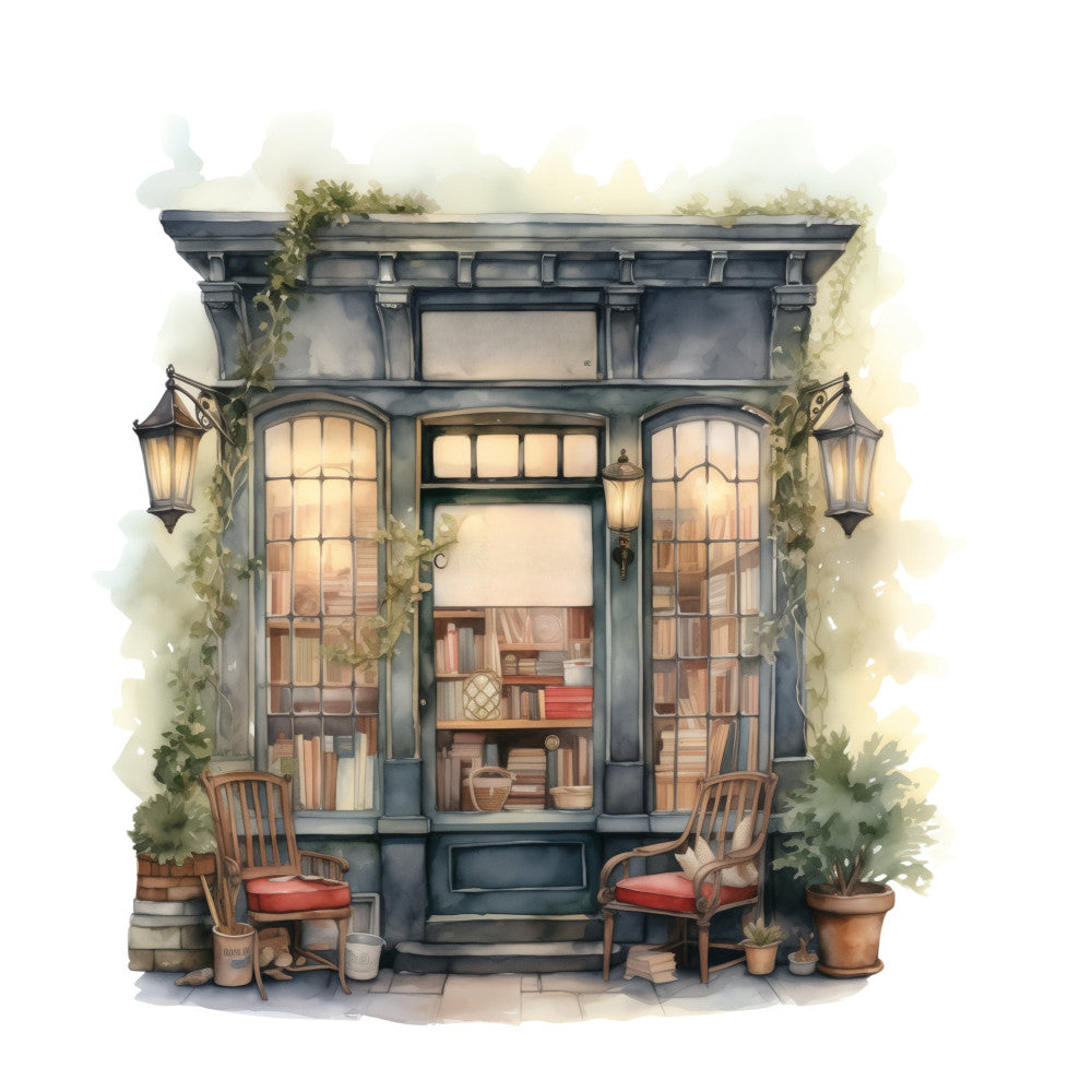 bookstore, library, vintage, architectural, storefront, dark gray, cream, warm beige, terracotta, wooden chairs, ivy vines, hanging lanterns, cozy, nostalgic, european, street scene, literary, classic, elegant, rustic charm, book lover, antique, sophisticated, reading nook, café, heritage, detailed illustration, botanical accents, warm lighting, traditional