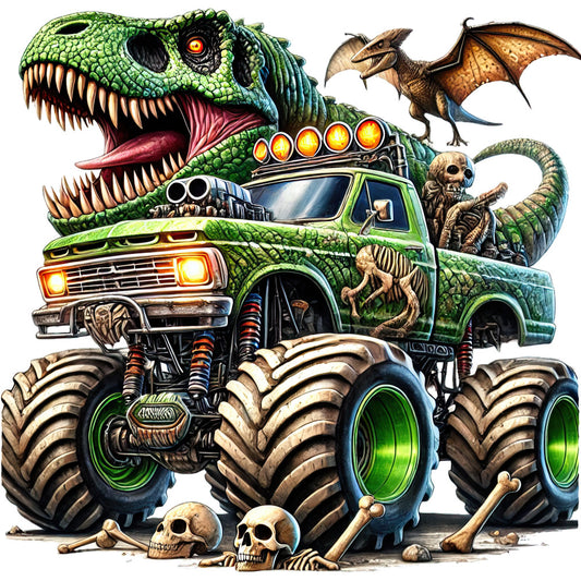 lime green, bright orange, skull, dinosaur, monster truck, dragon, bat, skeleton, bones, horror, gothic, creepy, spooky, edgy, alternative, dark humor, halloween, supernatural, undead, vehicles, automotive, novelty, whimsical, bold, dramatic, eye-catching, glow effects, metallic accents