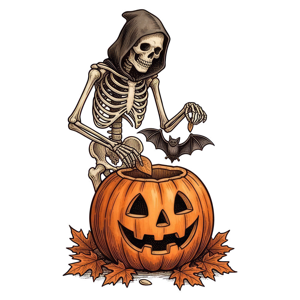 skeleton, halloween, pumpkin, jack-o-lantern, autumn, fall, orange, black, cream, beige, tan, spooky, creepy, whimsical, holiday, seasonal, bat, hooded robe, grim reaper, bones, skull, vintage, traditional, trick-or-treat, october, festive, gothic, dark, humorous, playful
