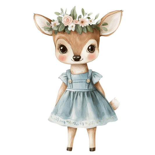 cute deer, fawn, woodland animals, flower crown, floral headpiece, sage green, dusty blue, blush pink, cream, soft pastels, whimsical, sweet, children's, baby, nursery, forest friends, nature, spring, summer, girl, feminine, gentle, storybook, illustrated, character, dress-wearing animal, decorative panel, wall art, baby quilt, children's apparel