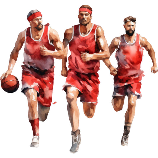 basketball players, sports, athletic, red, crimson, scarlet, coral red, team sports, masculine, active lifestyle, fitness, exercise, gym wear, running, training, modern, contemporary, action poses, muscular figures, performance wear, competitive sports, ball sports, summer sports, indoor sports, dynamic movement, energetic, bold colors, vibrant red, white accents, headbands