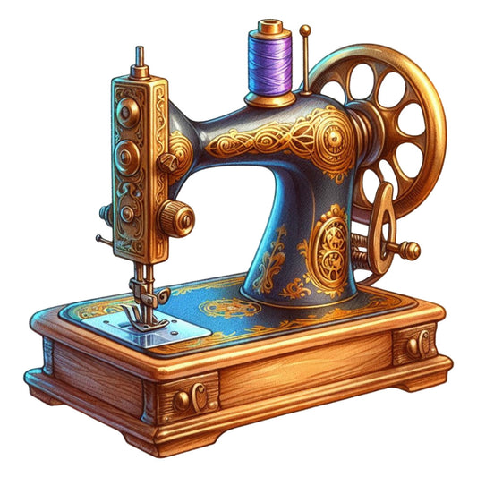 vintage sewing machine, steampunk, antique, retro, gold, bronze, blue, purple, ornate, decorative, mechanical, nostalgic, classic, traditional, elegant, timeless, victorian, craft room, sewing themed, thread spool, ornamental details, heritage, old fashioned, embellished, metallic accents, home decor, wall hanging, crafty, nostalgic decor, heirloom style