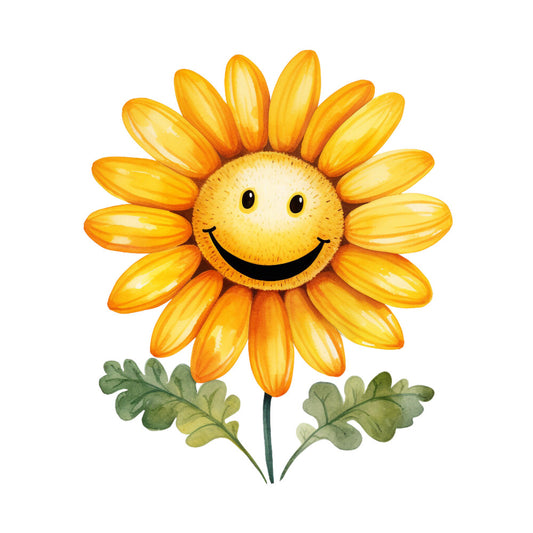 yellow flower, orange petals, smiling face, happy expression, green leaves, bright yellow, golden orange, cheerful design, cartoon style, whimsical art, fabric panel, quilting cotton, floral motif, sunny mood, children's fabric, applique design, daisy flower, anthropomorphic flower, craft panel, sewing project