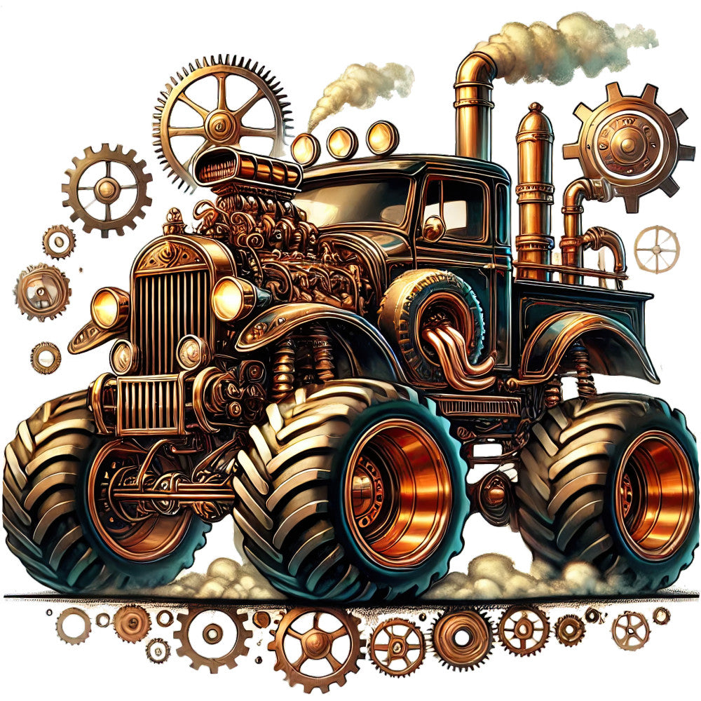 steampunk, brass, copper, bronze, gold, teal, dark teal, vintage, industrial, gears, cogs, mechanical, machine, tractor, steam engine, ornate, decorative, retro, victorian, metal, metallic, engine, wheels, pipes, smokestacks, rustic, mechanical engineering, transportation, farm equipment, antique