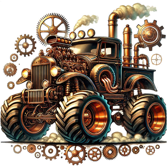 steampunk, brass, copper, bronze, gold, teal, dark teal, vintage, industrial, gears, cogs, mechanical, machine, tractor, steam engine, ornate, decorative, retro, victorian, metal, metallic, engine, wheels, pipes, smokestacks, rustic, mechanical engineering, transportation, farm equipment, antique