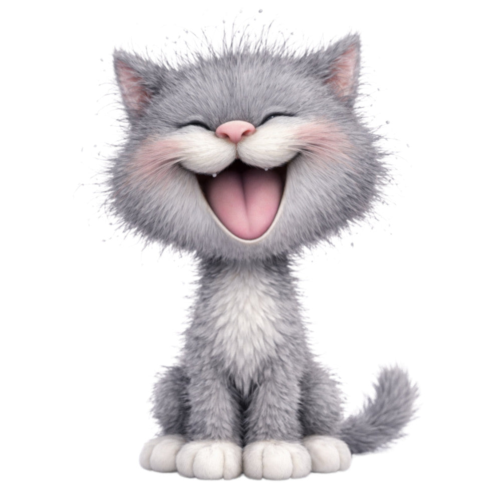 gray cat, grey kitten, cute animal, whimsical cat, smiling cat, happy expression, playful cat, cartoon cat, fluffy cat, soft gray, white paws, pink nose, pink tongue, animal face, children's fabric, kids design, playful style, cheerful, fun print, pet lover, cat lover, adorable, charming, lighthearted, silly expression, laughing cat, joyful, family friendly, all ages