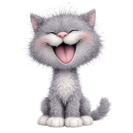 gray cat, grey kitten, cute animal, whimsical cat, smiling cat, happy expression, playful cat, cartoon cat, fluffy cat, soft gray, white paws, pink nose, pink tongue, animal face, children's fabric, kids design, playful style, cheerful, fun print, pet lover, cat lover, adorable, charming, lighthearted, silly expression, laughing cat, joyful, family friendly, all ages