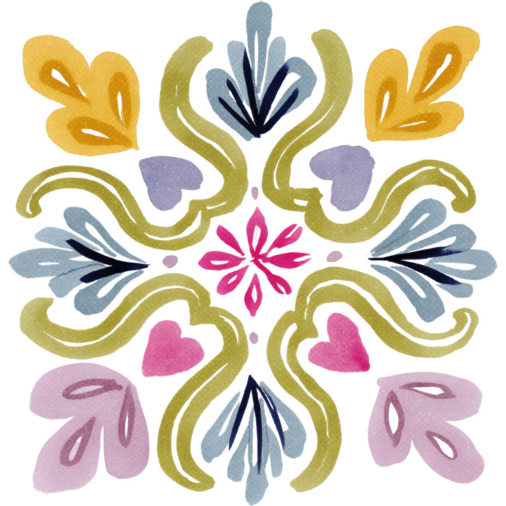 golden yellow, dusty blue, sage green, mauve pink, magenta, navy, botanical, floral, symmetrical, mandala, folk art, scandinavian, bohemian, whimsical, modern, nature-inspired, hearts, leaves, decorative flourishes, spring, summer, wall hanging, home decor, medallion design, ornamental, stylized flowers, hand-painted, watercolor, cultural textile, geometric florals