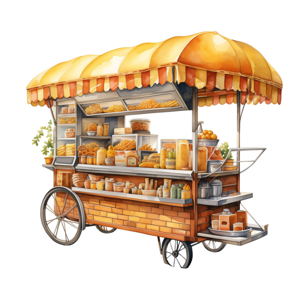 golden yellow, burnt orange, brick red, cream, warm orange, vintage bakery, street vendor, food cart, bread stand, farmer's market, rustic, whimsical, charming, nostalgic, retro, baked goods, pastries, loaves, jars, market scene, village life, old-fashioned, storybook, folk art, European, cottage, harvest, autumn, warm tones, detailed illustration