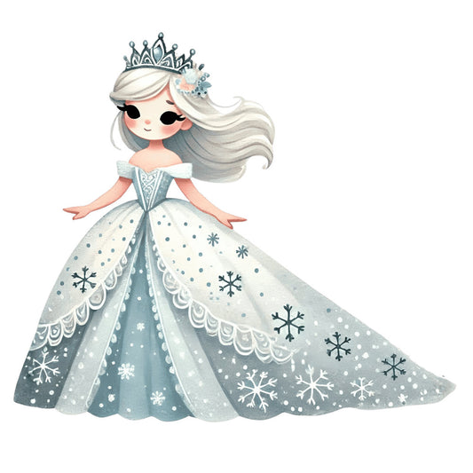 ice princess, winter queen, snow white, frozen theme, silver gray, icy blue, white, powder blue, snowflakes, winter snowflake, princess crown, tiara, ball gown, elegant, whimsical, fairy tale, fantasy, storybook, children's illustration, holiday, winter season, christmas, snow queen, sparkle, glitter effect, off-shoulder dress, flowing gown, magical, enchanted, girls clothing