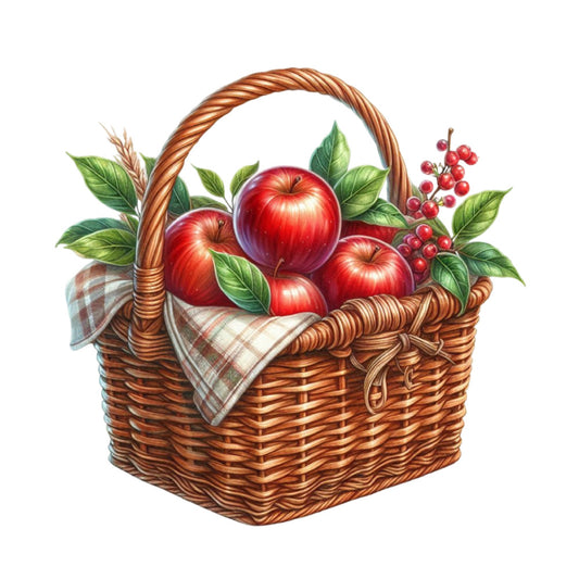 red apples, basket, berries, red berries, green leaves, autumn, harvest, fall, farmhouse, rustic, traditional, vintage, nature, fruit, botanical, red, cream, brown, wicker basket, plaid cloth, picnic basket, country style, folk art, illustration, detailed design, home decor, table runner, wall hanging, seasonal, orchard