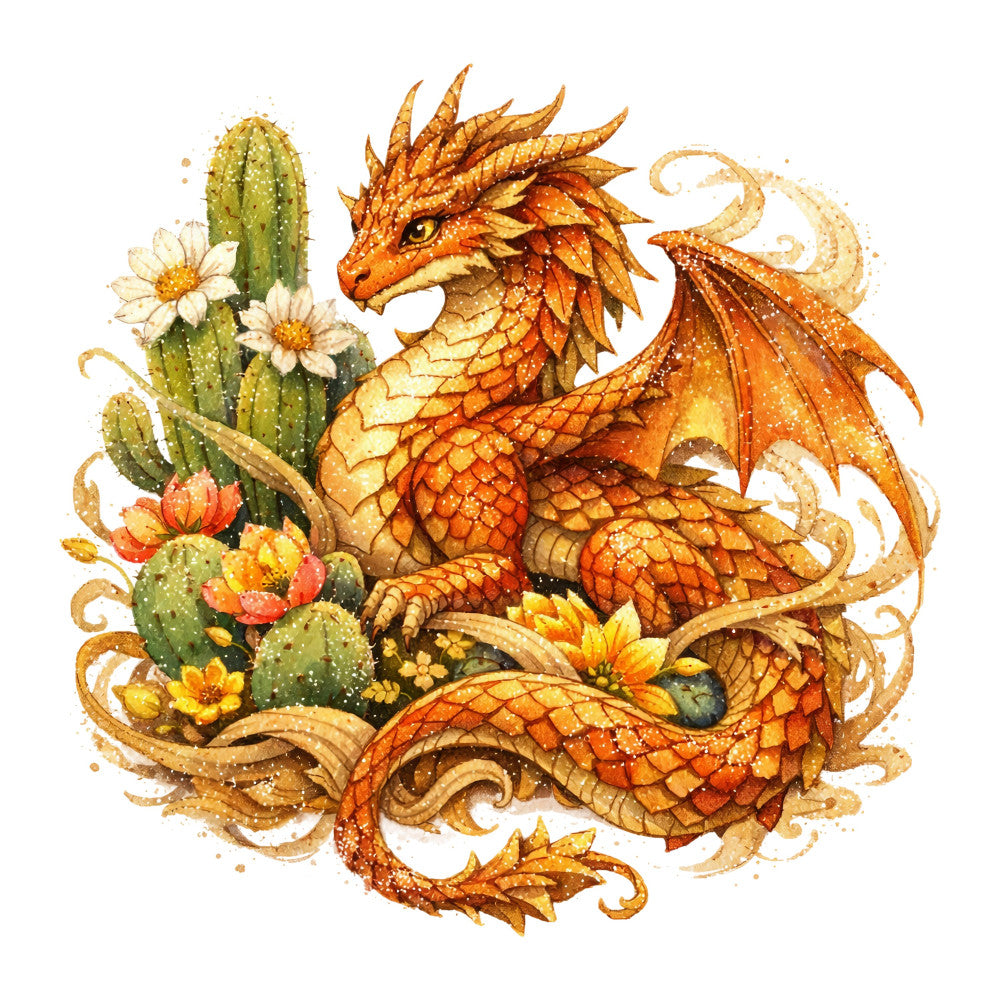 golden orange, burnt orange, sage green, cream, tan, rust, desert rose, coral, yellow, dragon, fantasy, mythical creature, cactus, succulent, desert flowers, floral, nature, whimsical, magical, autumn, fall, warm tones, ornate, decorative, southwestern, botanical, desert theme, scales, wings, enchanted