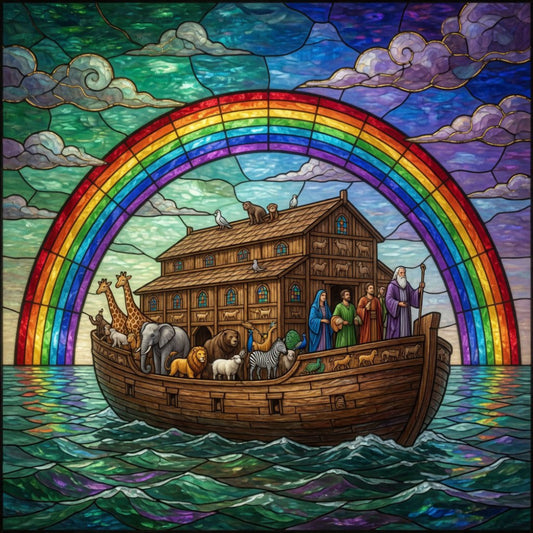 rainbow, stained glass, noah's ark, animals, biblical, religious, nautical, boat, wooden ark, giraffes, elephants, lions, zebras, sheep, dove, people, figures, clouds, sky, water, waves, wood texture, multicolor, vibrant, whimsical, spiritual, faith-based, children's, story-themed, traditional