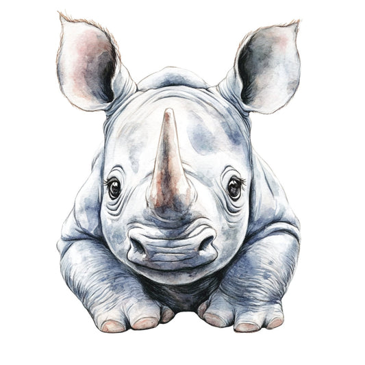 rhinoceros, animal, wildlife, baby animals, nursery, cute animals, whimsical, children's, gray, grey, charcoal, watercolor, illustration, realistic, portrait, front facing, safari, zoo animals, african animals, endangered species, nature, juvenile animals, adorable, sweet, gentle, baby nursery, wall art, baby shower, soft colors, gentle illustration