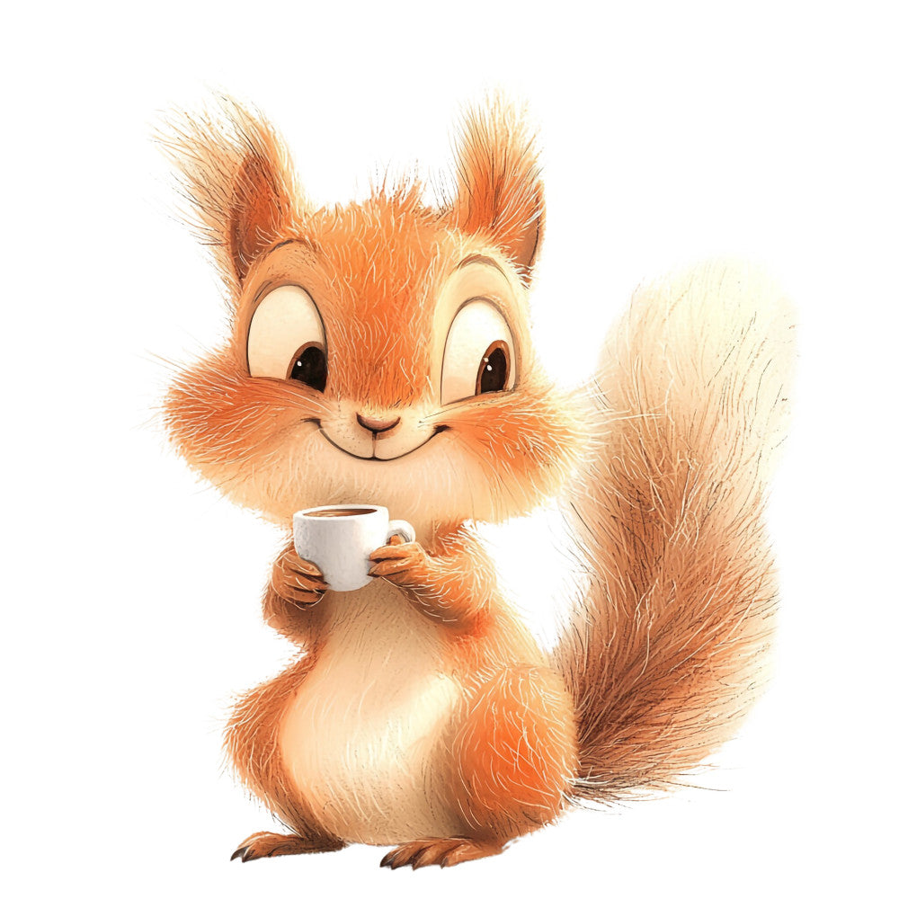 orange squirrel, coffee cup, cute animal, children's illustration, woodland creature, warm colors, peachy tones, cream white, furry texture, whimsical art, cartoon style, fabric panel, quilting cotton, nursery theme, forest animal, adorable character, soft pastels, playful design, animal portrait