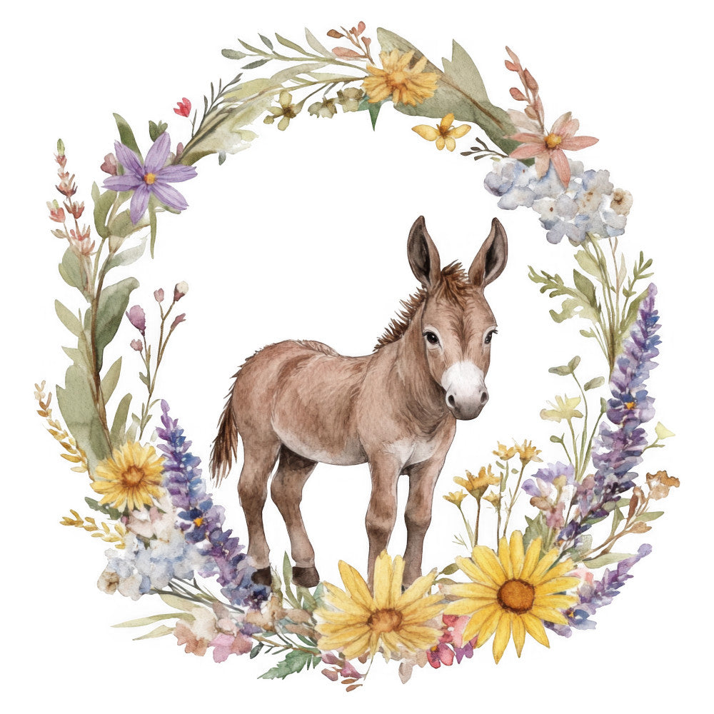 donkey, floral wreath, wildflowers, spring flowers, yellow daisies, purple lupine, lavender blooms, white hydrangea, farmhouse, whimsical, rustic, gentle animals, woodland creatures, baby nursery, children's, pastel colors, soft taupe, dusty purple, pale yellow, sage green, cream, botanical, nature-inspired, sweet animals, decorative wreath, wall art, baby quilt, nursey decor, springtime, cottage core