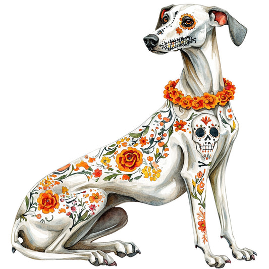day of the dead, sugar skull, skeleton dog, whimsical, halloween, mexican folk art, floral, orange flowers, roses, marigolds, skull motifs, dia de muertos, bohemian, artistic, festive, autumn, dog lover, animal themed, cream white, golden yellow, red accents, green leaves, decorative patterns, folk art style, unique, statement piece, wall art, home decor