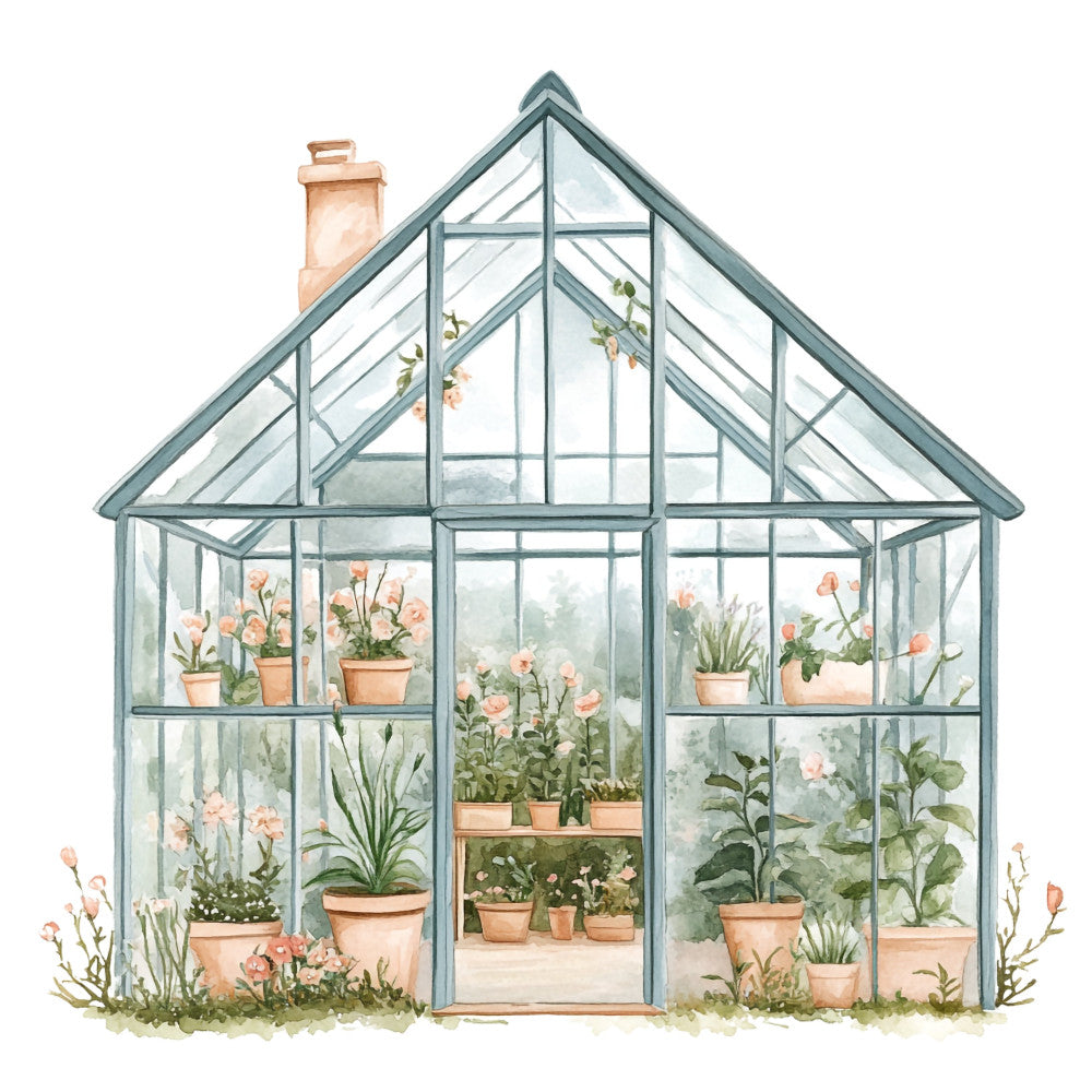greenhouse, botanical, potted plants, terracotta pots, flowers, coral pink, sage green, dusty blue, nature, garden, floral, vintage, farmhouse, cottagecore, spring, summer, plants, blooming flowers, carnations, glass house, botanical illustration, whimsical, elegant, rustic, garden theme, plant lover, peaceful, home and garden, traditional, watercolor style