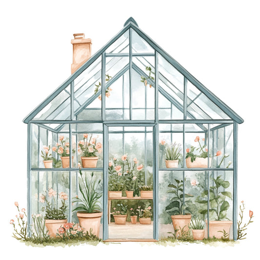 greenhouse, botanical, potted plants, terracotta pots, flowers, coral pink, sage green, dusty blue, nature, garden, floral, vintage, farmhouse, cottagecore, spring, summer, plants, blooming flowers, carnations, glass house, botanical illustration, whimsical, elegant, rustic, garden theme, plant lover, peaceful, home and garden, traditional, watercolor style