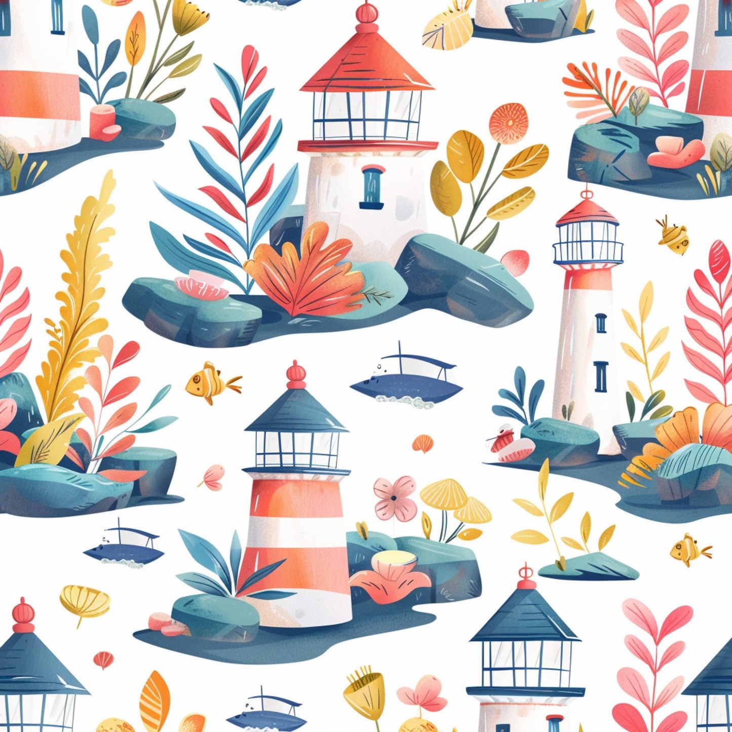Springtime Lighthouse Scene Pattern 8 Quilting Cotton Fabric
