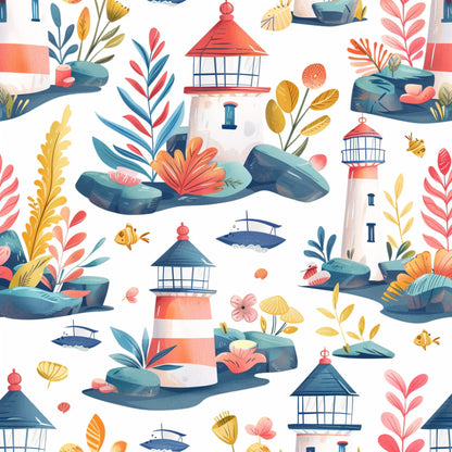 Springtime Lighthouse Scene Pattern 8 Quilting Cotton Fabric