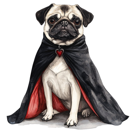 pug, dog, black and cream, cream and black, red, crimson, vampire, cape, dracula, gothic, halloween, spooky, whimsical, elegant, costume, heart pendant, playful, pet portrait, animal lover, dark humor, fun, quirky, cute, charming, festive, theatrical, dramatic style, black cape with red lining