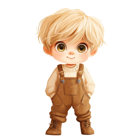 cream, tan, brown, golden yellow, warm earth tones, character, chibi, cute, doll, boy, child, whimsical, charming, sweet, adorable, illustrated, storybook, children's fashion, overalls, vintage style, nursery, baby, kawaii, folk art, rustic charm, playful, innocent, friendly face, warm palette