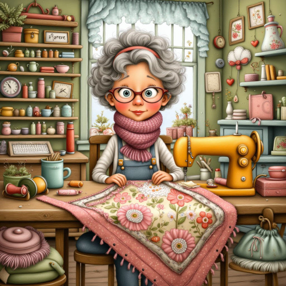sage green, dusty rose, coral pink, golden yellow, gray hair, vintage, whimsical, grandma, crafty, sewing room, floral, hearts, retro, cottage core, cozy, needlework themed, sewing machine, scissors, thread spools, embroidery, handmade, traditional, nostalgic, hobby themed, workspace, creative, inspired by crafts, pastoral, sweet, charming