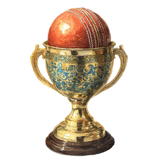 cricket ball, red ball, gold bowl, brass bowl, ornate bowl, sports theme, vintage sports, cricket sport, decorative object, collectible, gold handles, teal blue, rich red, ornamental design, elegant style, traditional, vintage aesthetic, sports memorabilia, trophy style, pedestal base, dark wood base, patterned bowl, scrollwork handles, luxury style, sophisticated, classic design, british heritage, ball motif, metallic accents