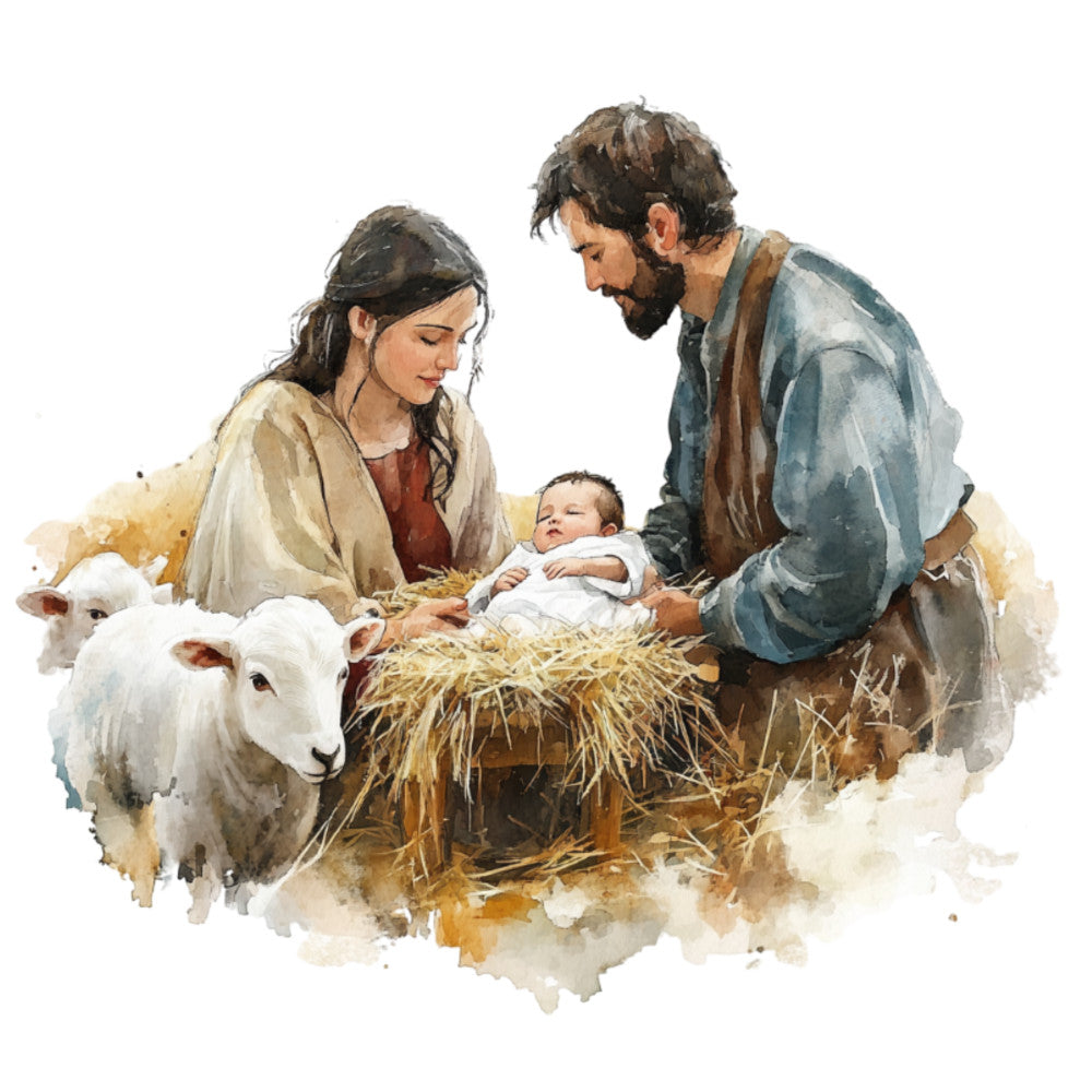 nativity, holy family, baby jesus, manger, religious, christmas, spiritual, winter, farmhouse, rustic, traditional, cream, beige, tan, soft blue, muted colors, animals, sheep, lamb, soft focus, watercolor, peaceful, serene, family, mother and father, infant, nativity scene, holiday, celestial theme, gentle