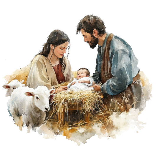nativity, holy family, baby jesus, manger, religious, christmas, spiritual, winter, farmhouse, rustic, traditional, cream, beige, tan, soft blue, muted colors, animals, sheep, lamb, soft focus, watercolor, peaceful, serene, family, mother and father, infant, nativity scene, holiday, celestial theme, gentle