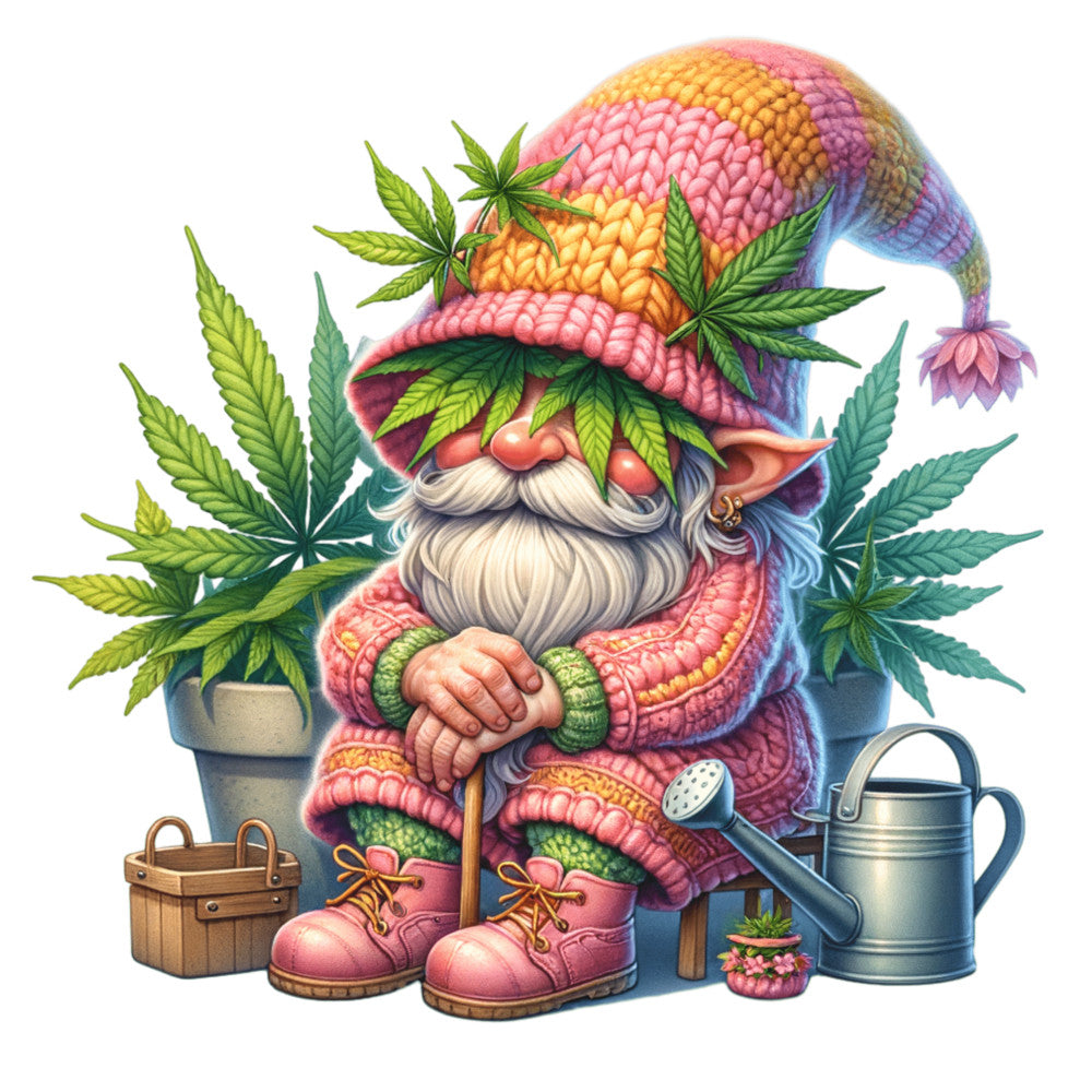 cannabis leaves, garden gnome, fabric panel, quilting cotton, pink knit hat, white beard, rainbow colors, potted plants, watering can, wooden basket, whimsical illustration, gardening theme, green foliage, coral pink, sunshine yellow, purple accents, blue tones, fantasy character, botanical design, crafting fabric