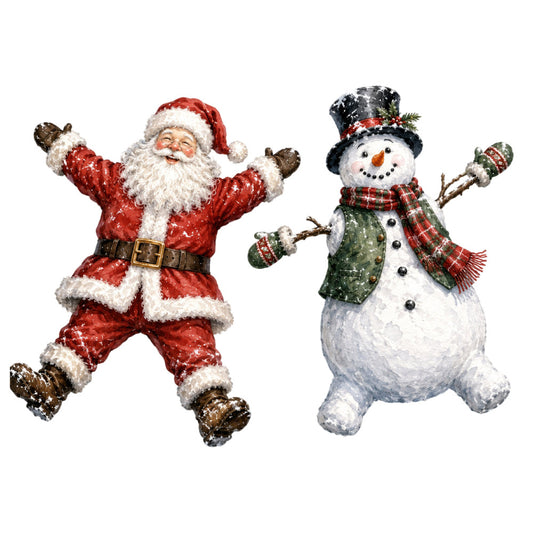 santa claus, snowman, christmas, holiday, red, white, green, gold, plaid, tartan, festive, winter, jolly, traditional, whimsical, seasonal, snow, decorative, cheerful, vintage holiday, nostalgic, children's, playful, celebration, december, yuletide, stitched texture, country style, folk art