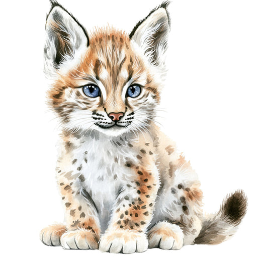 lynx cub, baby animal, wild cat, blue eyes, realistic wildlife, nature illustration, cream white, tan brown, rust orange, spotted pattern, feline, forest animal, cute animal portrait, whimsical style, nursery decor, children's fabric, baby quilt, wall hanging, animal lovers, contemporary art, watercolor style, kitten, big cat family, adventure theme, woodland creatures, gentle style, soft palette, detailed illustration